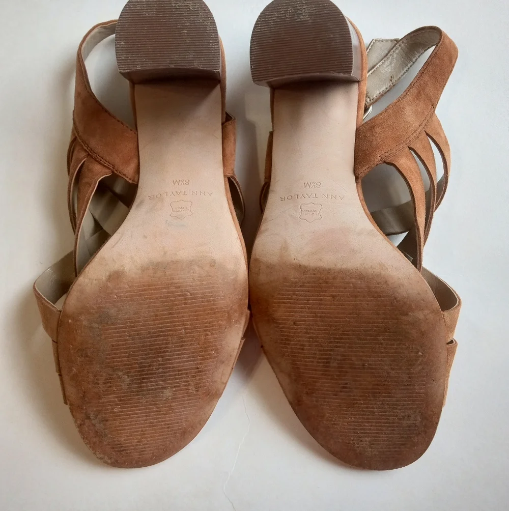 Ann Taylor Camel Suede Woven Brown Block Heel Sandals